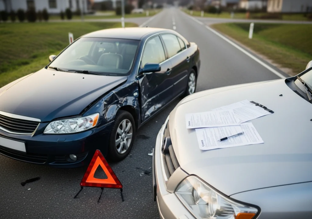 deux voitures accidentées sur la route avec triangle de signalisation et documents d'assurance